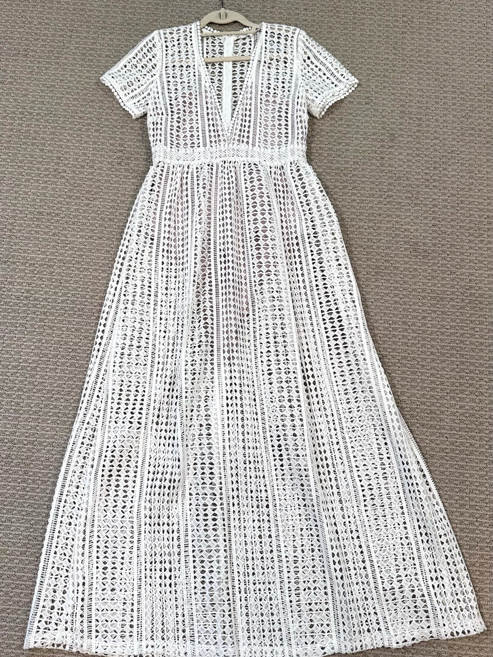 Olivaceous White Crochet V-Neck Maxi Dress